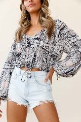 Beau Balloon Sleeve Drawstring Top Ornate Print Navy