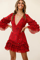 Erica Bell Sleeve Accordion Pleat Dress Floral Print Red