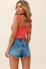 Daisy Chain Tied Shoulder Shirred Crop Top Floral Print Red
