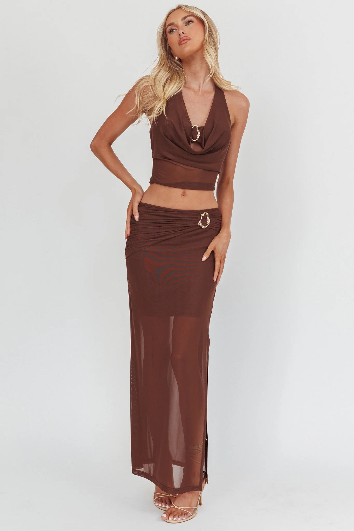 Paullina Gold Buckle Mesh Maxi Skirt Brown