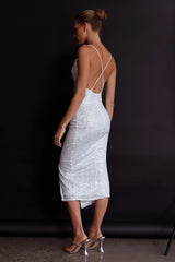 Miami Nights Cowl Neckline Twist Feature Midi Dress Sequin Silver