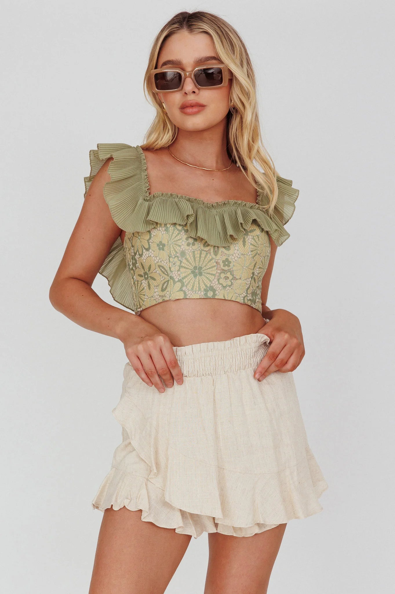 Dreamy On Or Off-Shoulder Frill Crop Top Beige/Olive