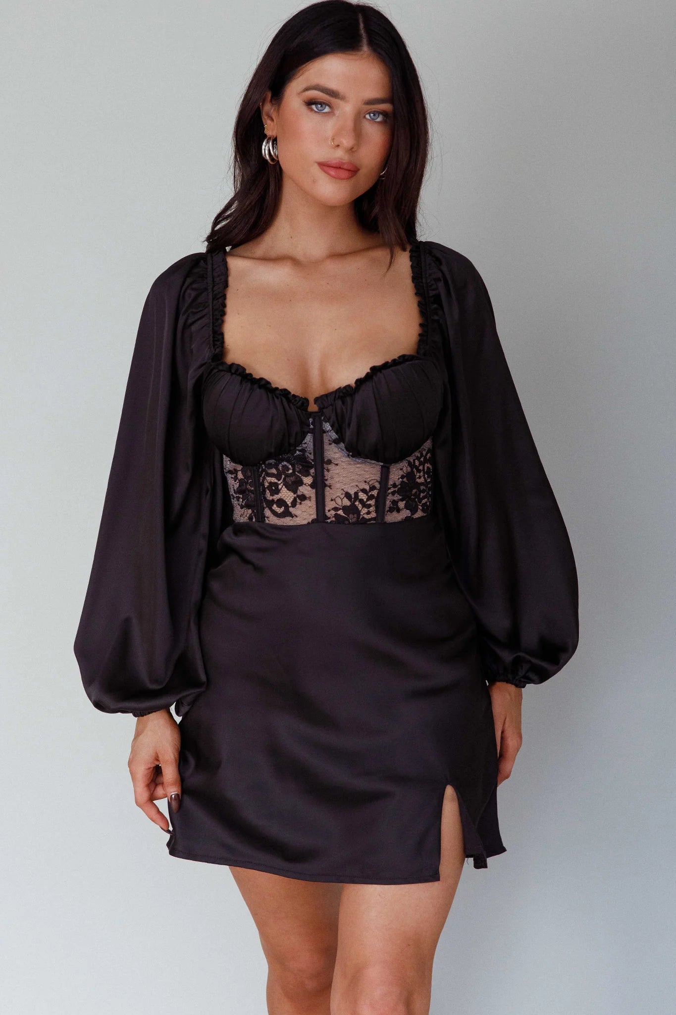 Trophy Long Sleeve Lace Bodice Mini Dress Black