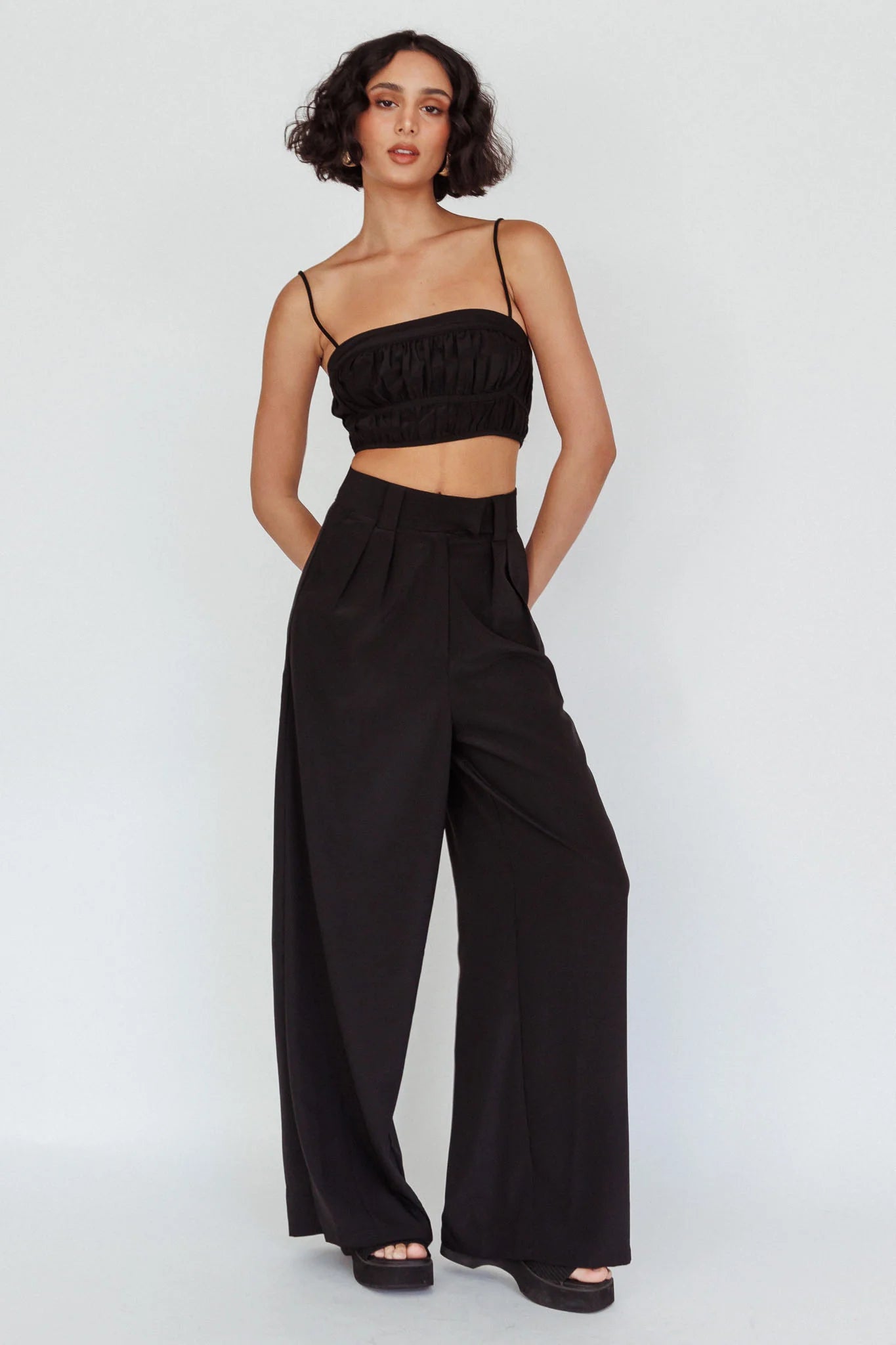 Regal Ruched Cami Crop Top Black