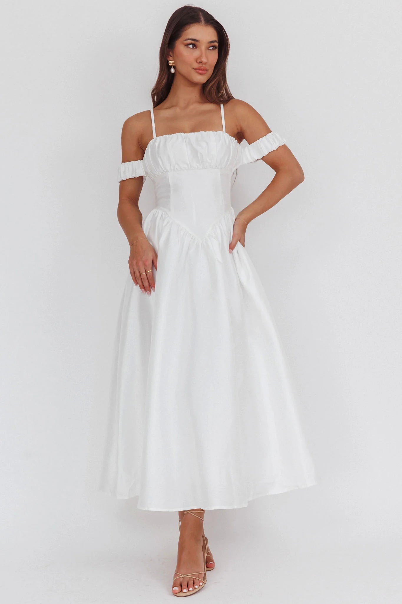 Heavens Above Off-Shoulder Basque Waist Midi Dress Ivory