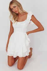 Thinkin' Bout You Ruffle Trim Waist-Tie Dress White