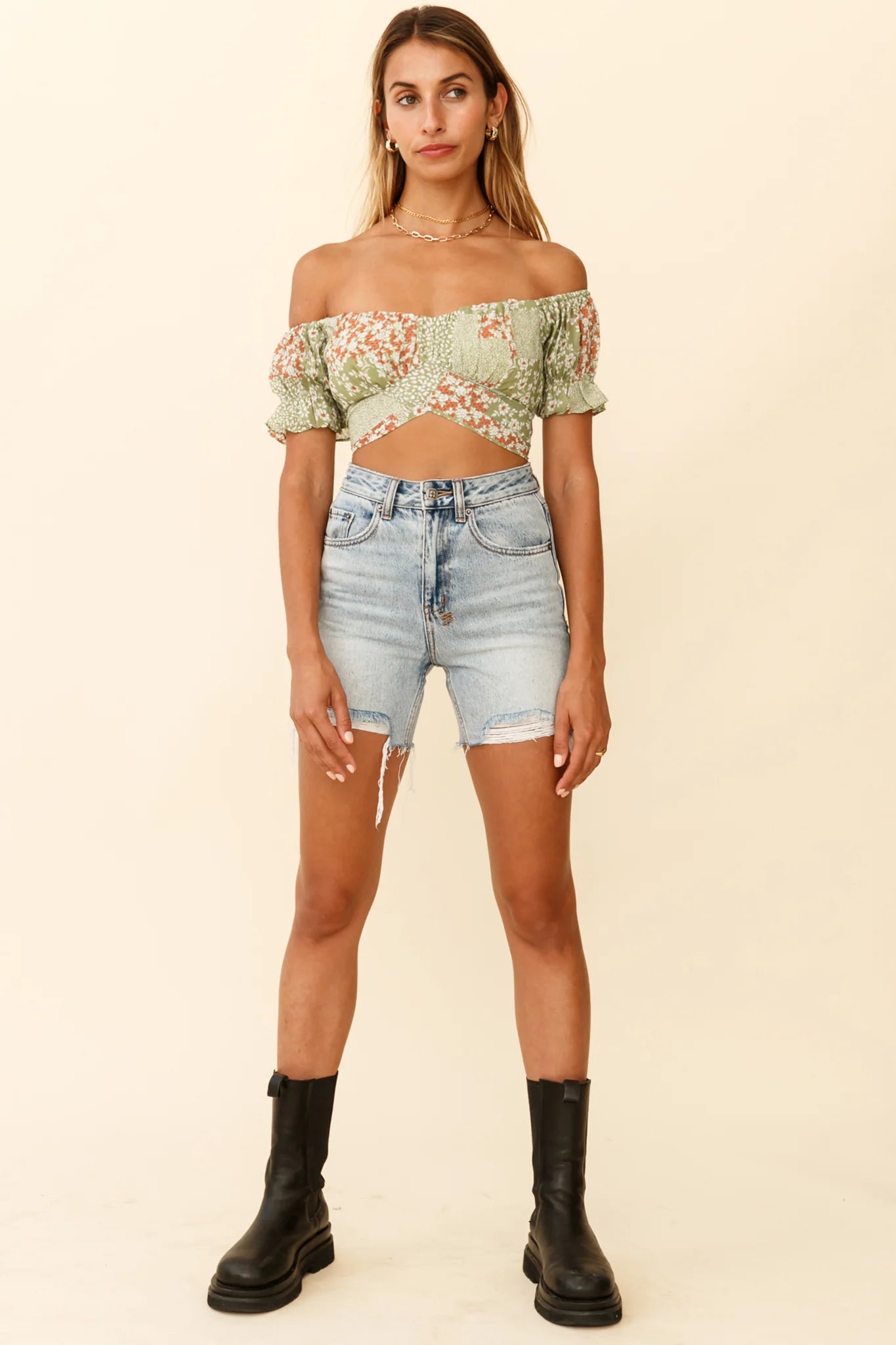 Linka Off-Shoulder Tie-Back Crop Top Mini Flower Print Green