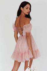 Pixi Off-Shoulder Lace-Up Back Back Dress Pink