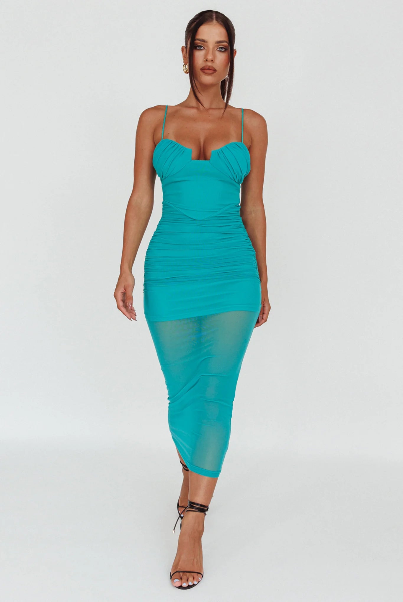 Jahzel Ruched Mesh Midi Dress Green