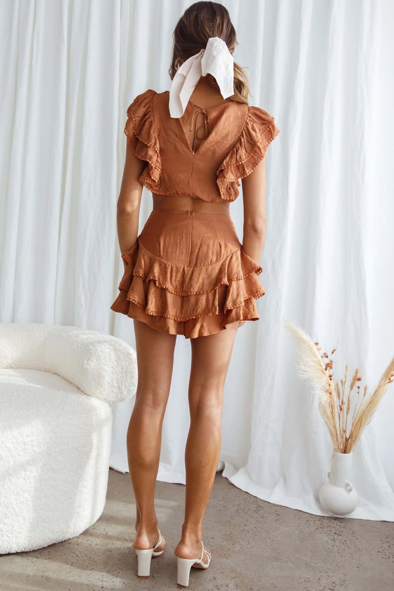 Wild And Free Pintuck Pleat And Ruffle Crop Top Tan