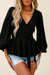 Macy Fit & Flare Wrap Top Stripe Pattern Black