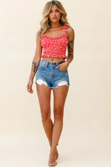 Daisy Chain Tied Shoulder Shirred Crop Top Floral Print Red